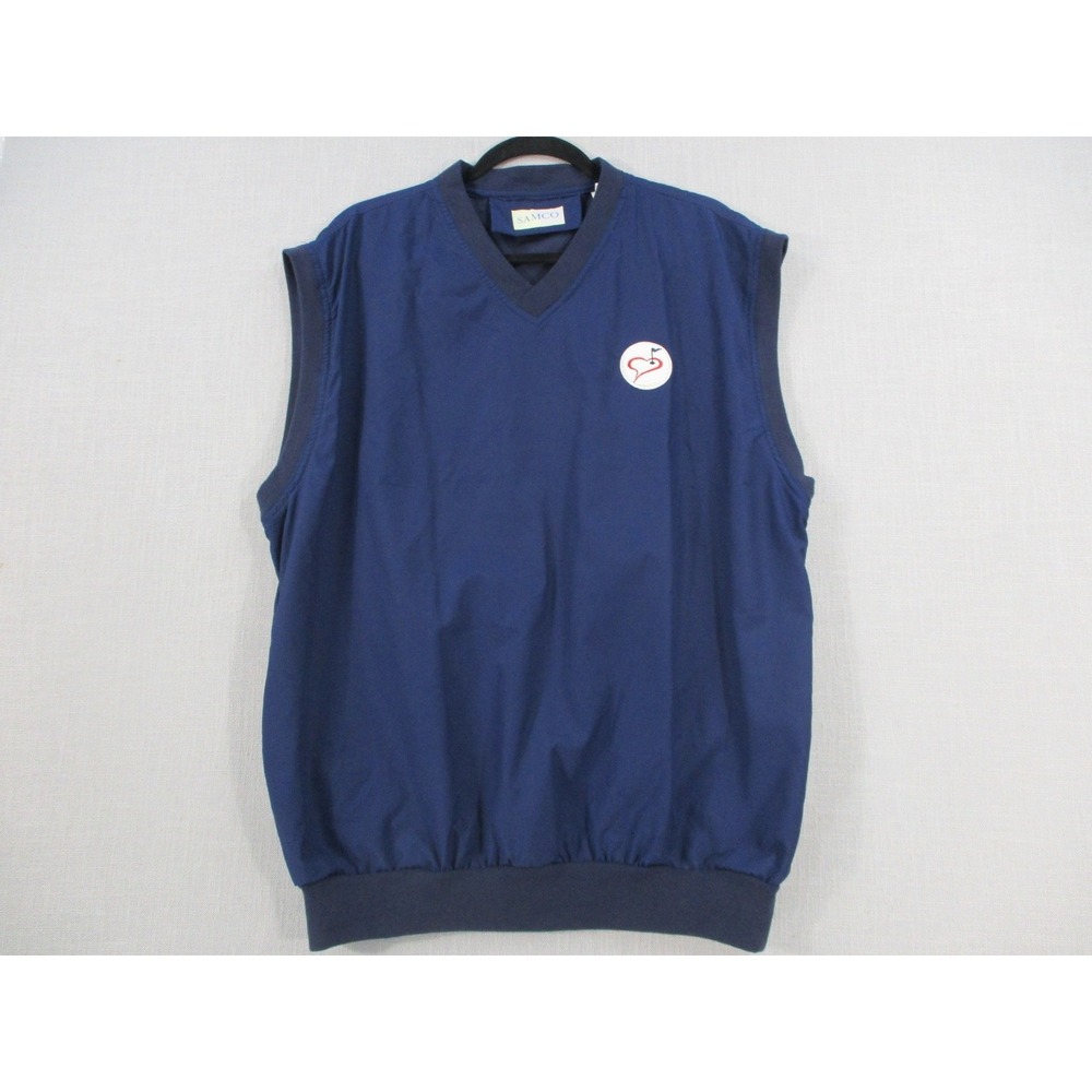 SAMCO Mens Golf Vest Pullover Navy Blue V-Neck Windbreaker Heart Logo L/XL